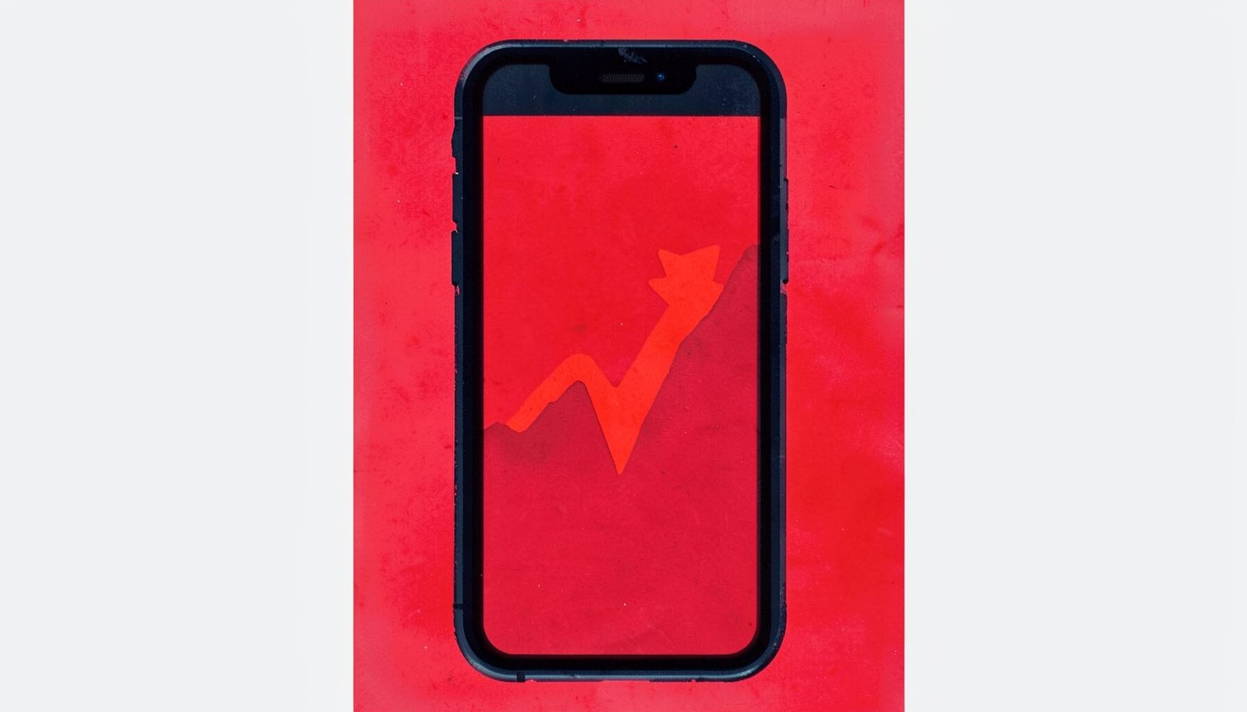 スマートフォンの画面に表示された赤字のグラフと、落ち込む矢印。暗い青と赤の色調で描かれたマットなポスター画。